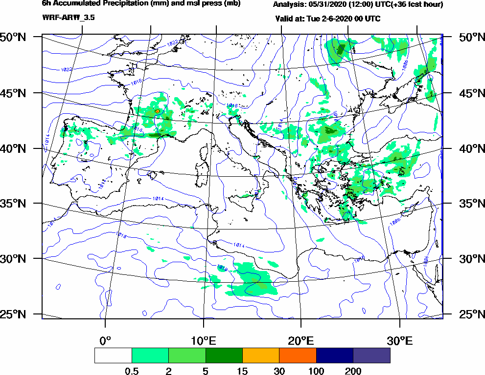 6h Accumulated Precipitation (mm) and msl press (mb) - 2020-06-01 18:00