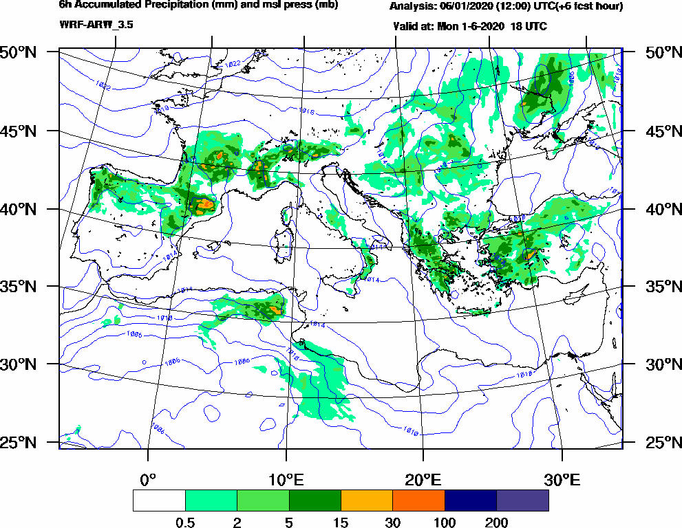 6h Accumulated Precipitation (mm) and msl press (mb) - 2020-06-01 12:00