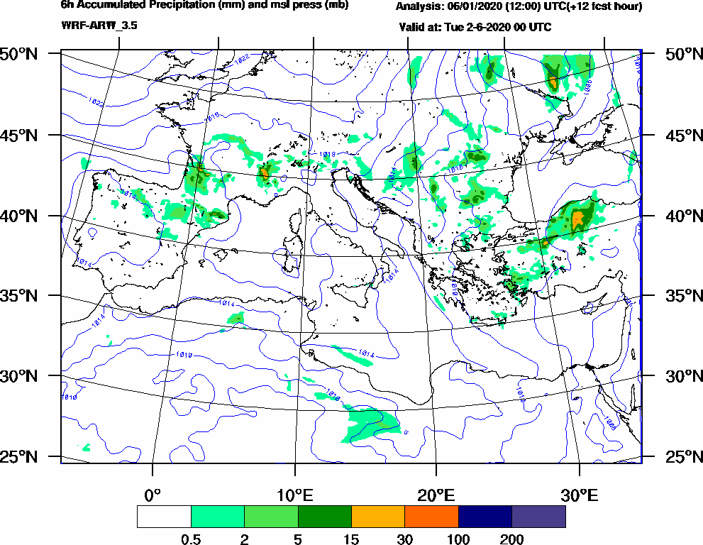6h Accumulated Precipitation (mm) and msl press (mb) - 2020-06-01 18:00