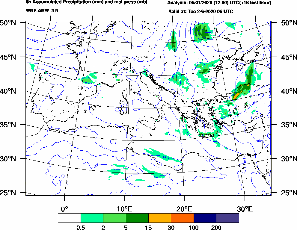 6h Accumulated Precipitation (mm) and msl press (mb) - 2020-06-02 00:00