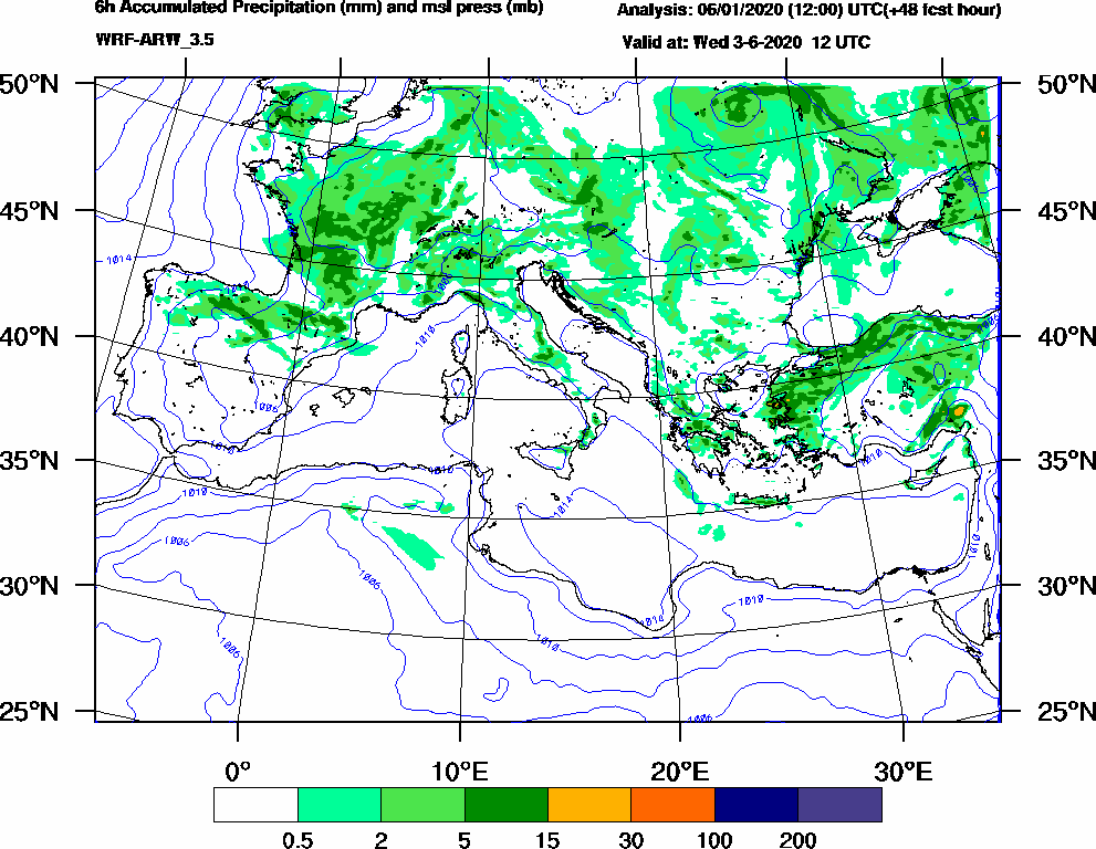 6h Accumulated Precipitation (mm) and msl press (mb) - 2020-06-03 06:00