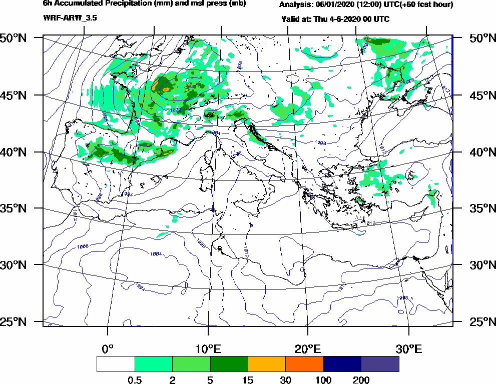 6h Accumulated Precipitation (mm) and msl press (mb) - 2020-06-03 18:00