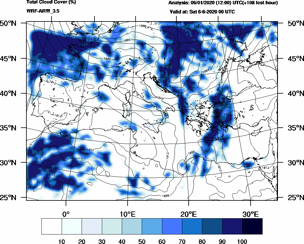 Total cloud cover (%) - 2020-06-05 18:00