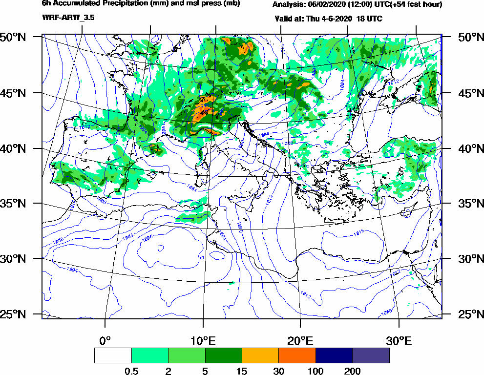 6h Accumulated Precipitation (mm) and msl press (mb) - 2020-06-04 12:00