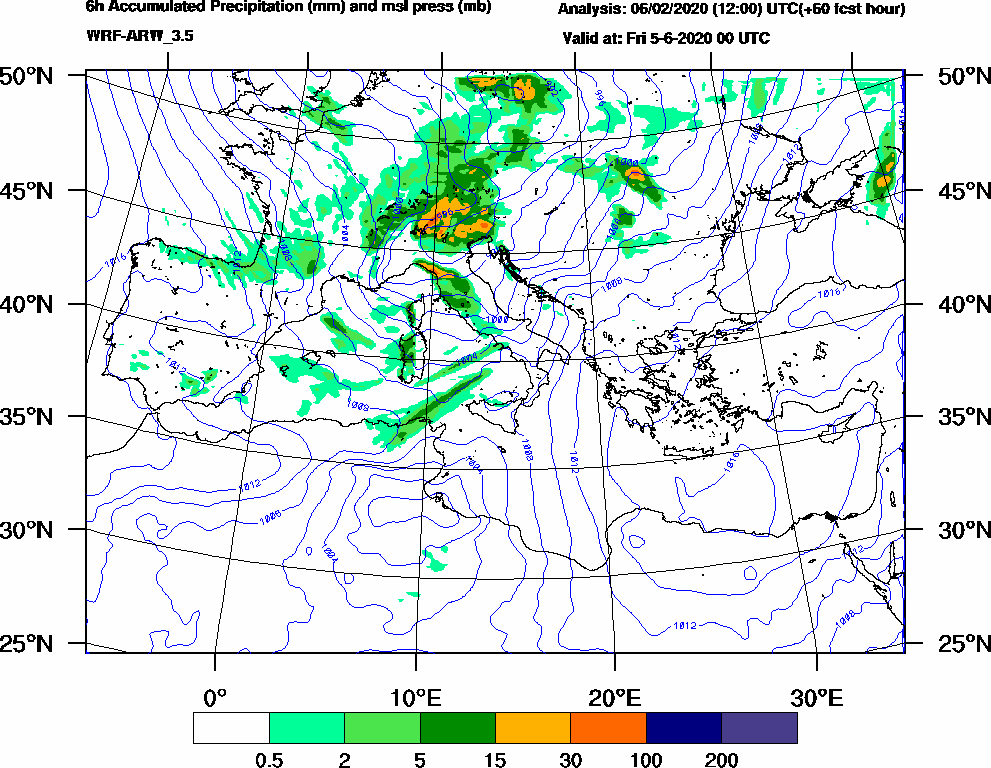 6h Accumulated Precipitation (mm) and msl press (mb) - 2020-06-04 18:00