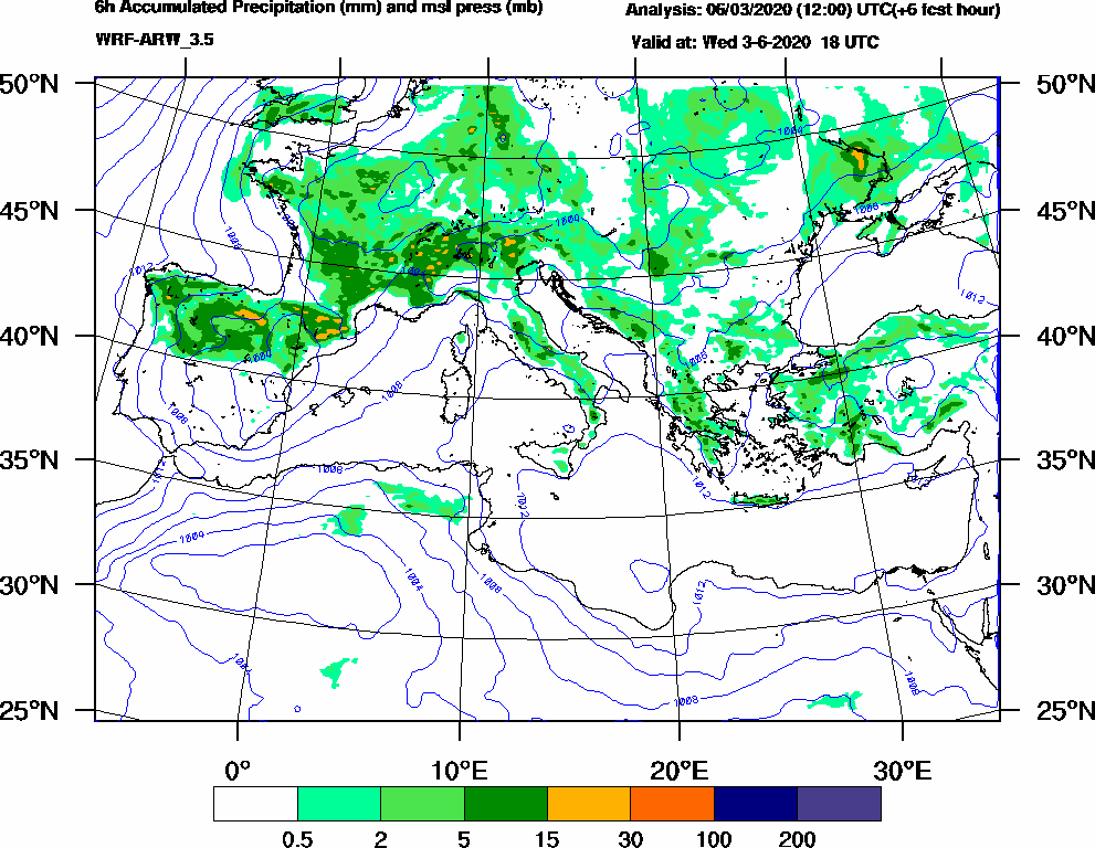 6h Accumulated Precipitation (mm) and msl press (mb) - 2020-06-03 12:00
