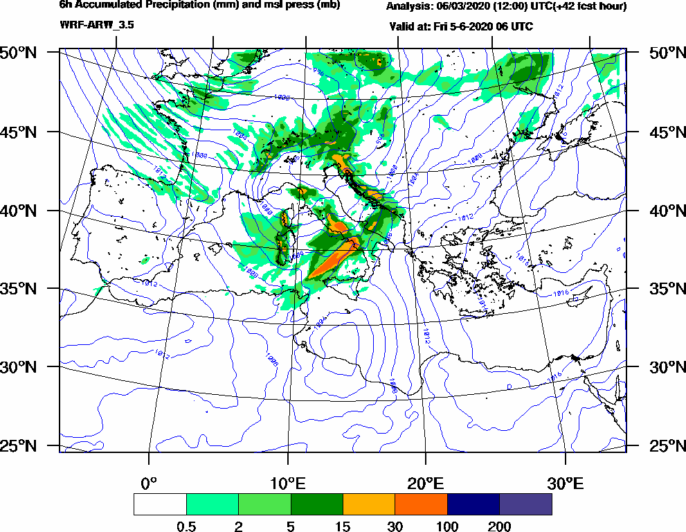 6h Accumulated Precipitation (mm) and msl press (mb) - 2020-06-05 00:00
