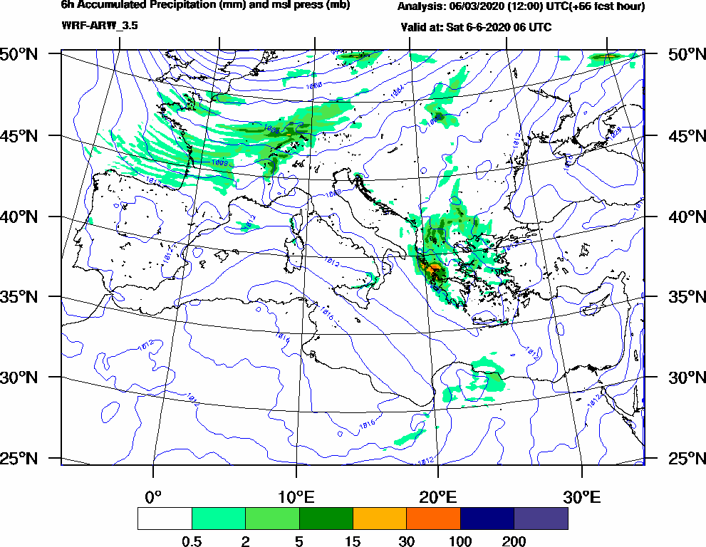 6h Accumulated Precipitation (mm) and msl press (mb) - 2020-06-06 00:00