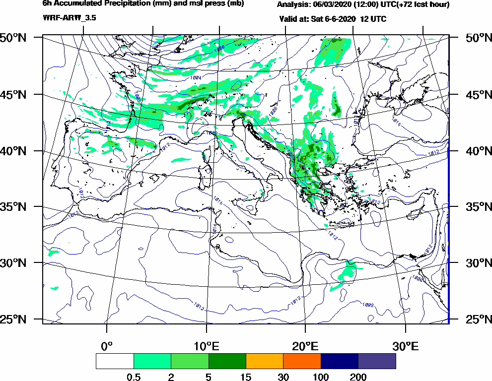 6h Accumulated Precipitation (mm) and msl press (mb) - 2020-06-06 06:00
