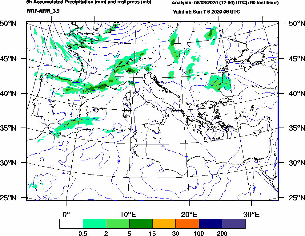 6h Accumulated Precipitation (mm) and msl press (mb) - 2020-06-07 00:00