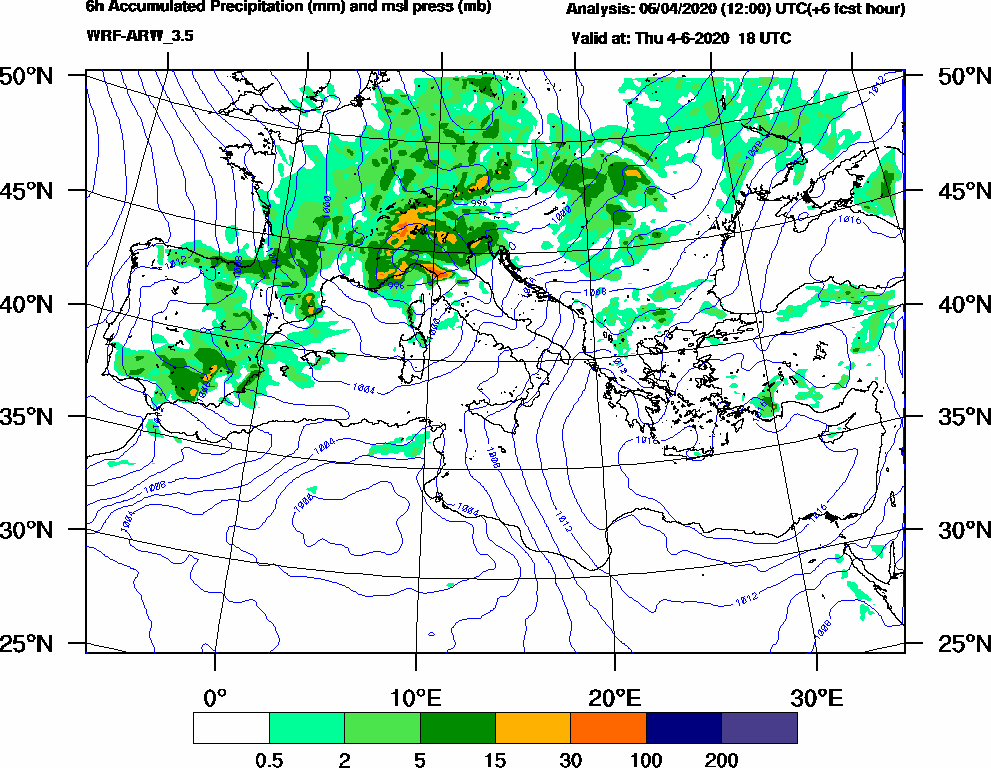 6h Accumulated Precipitation (mm) and msl press (mb) - 2020-06-04 12:00
