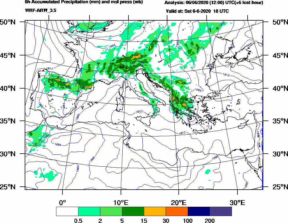 6h Accumulated Precipitation (mm) and msl press (mb) - 2020-06-06 12:00