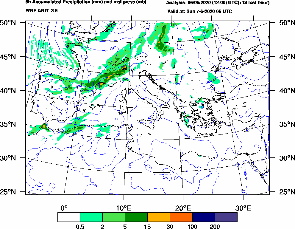 6h Accumulated Precipitation (mm) and msl press (mb) - 2020-06-07 00:00