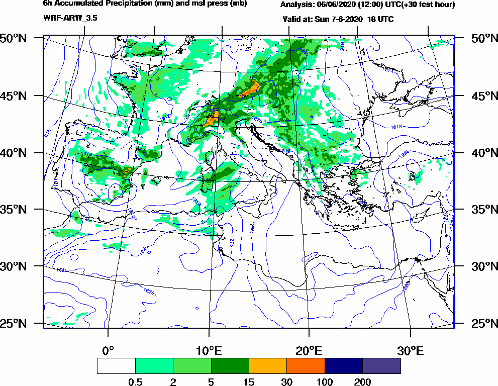 6h Accumulated Precipitation (mm) and msl press (mb) - 2020-06-07 12:00
