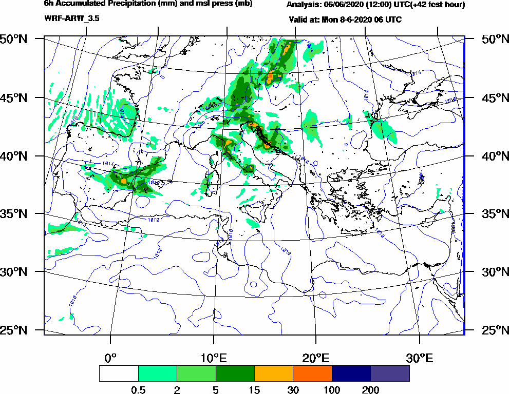 6h Accumulated Precipitation (mm) and msl press (mb) - 2020-06-08 00:00