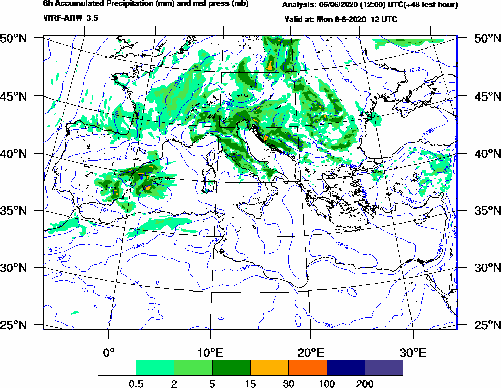 6h Accumulated Precipitation (mm) and msl press (mb) - 2020-06-08 06:00