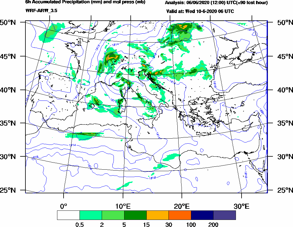 6h Accumulated Precipitation (mm) and msl press (mb) - 2020-06-10 00:00
