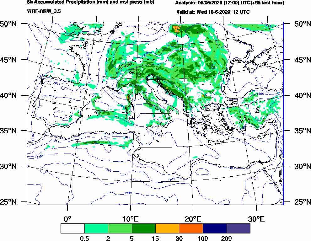 6h Accumulated Precipitation (mm) and msl press (mb) - 2020-06-10 06:00
