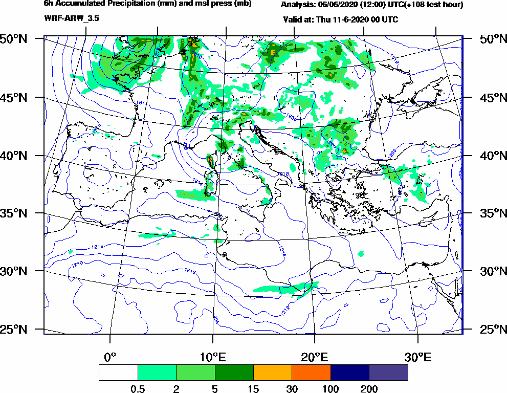 6h Accumulated Precipitation (mm) and msl press (mb) - 2020-06-10 18:00