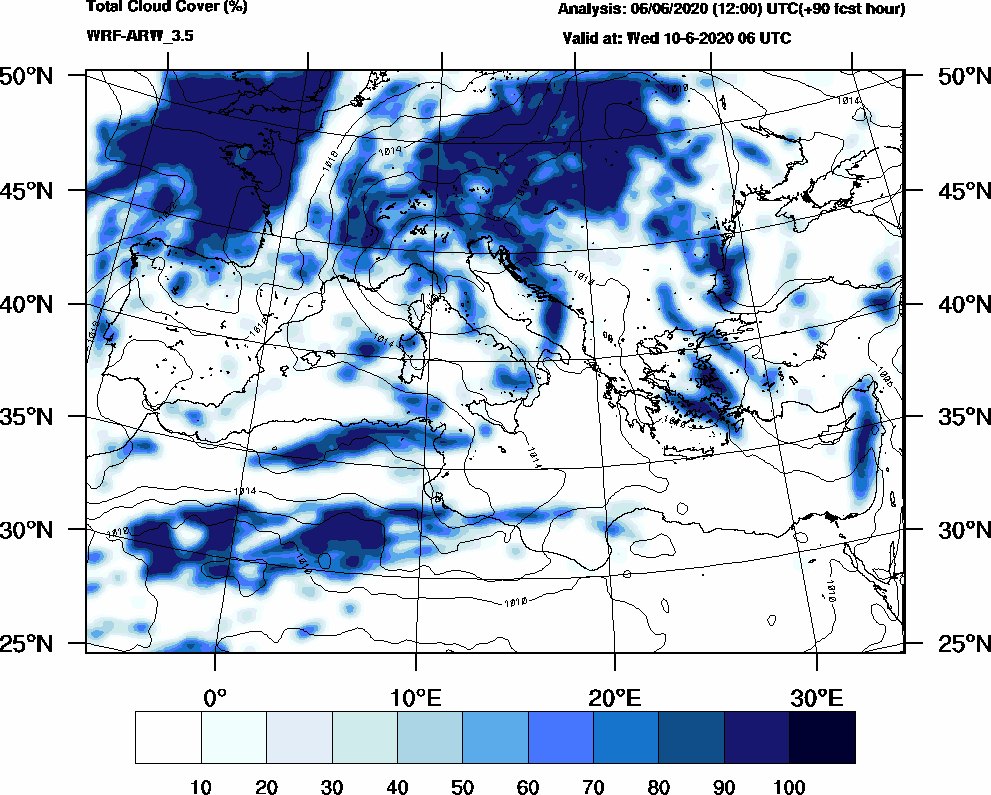 Total cloud cover (%) - 2020-06-10 00:00