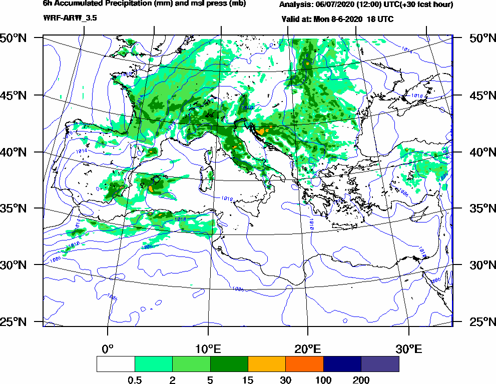 6h Accumulated Precipitation (mm) and msl press (mb) - 2020-06-08 12:00