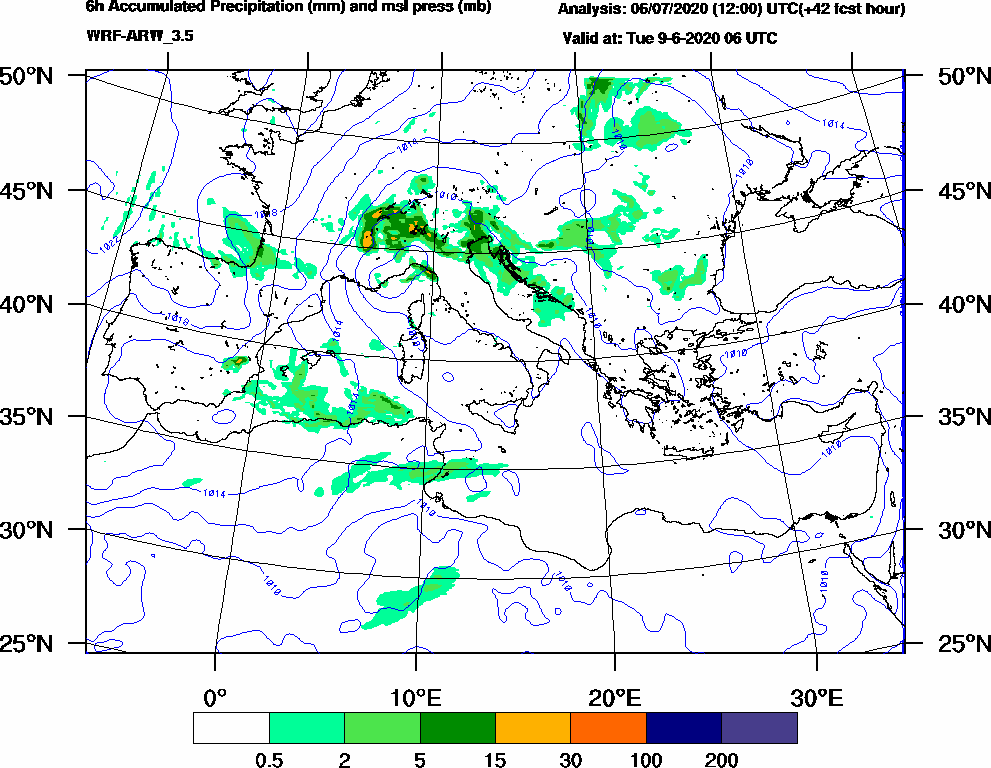 6h Accumulated Precipitation (mm) and msl press (mb) - 2020-06-09 00:00