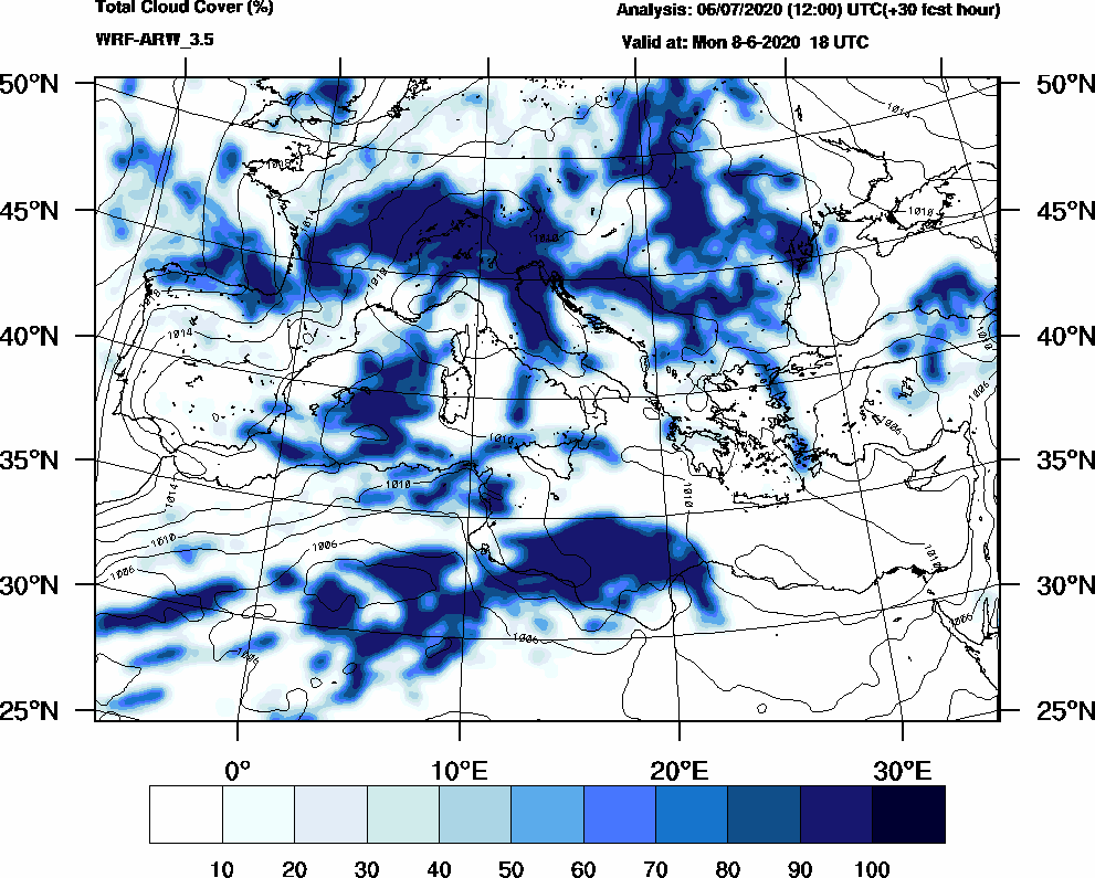 Total cloud cover (%) - 2020-06-08 12:00