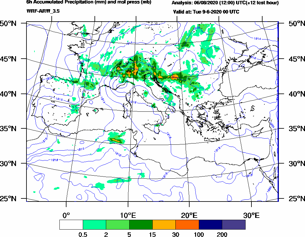 6h Accumulated Precipitation (mm) and msl press (mb) - 2020-06-08 18:00