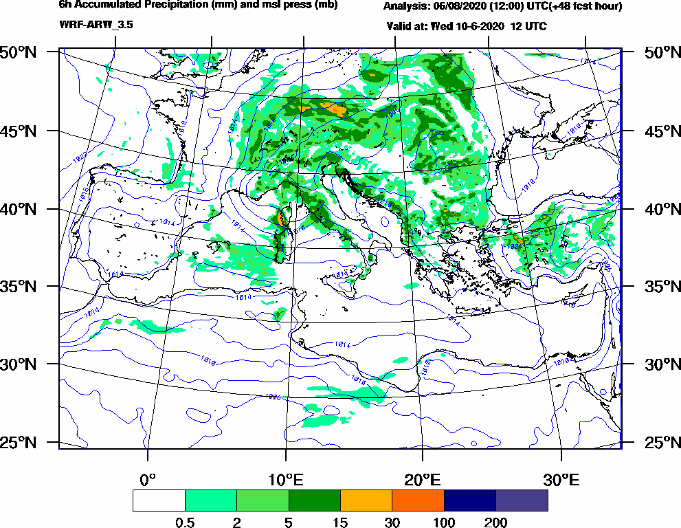 6h Accumulated Precipitation (mm) and msl press (mb) - 2020-06-10 06:00