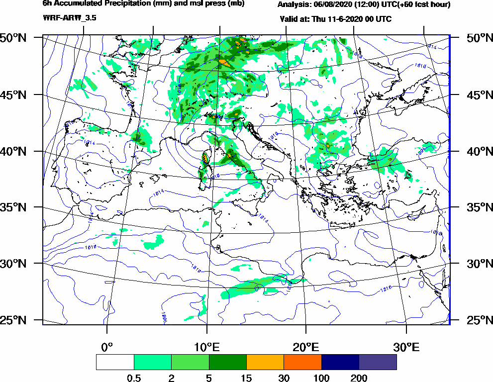 6h Accumulated Precipitation (mm) and msl press (mb) - 2020-06-10 18:00