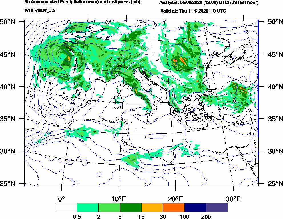 6h Accumulated Precipitation (mm) and msl press (mb) - 2020-06-11 12:00