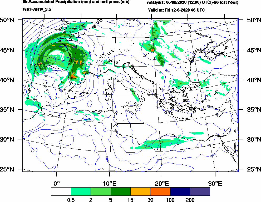 6h Accumulated Precipitation (mm) and msl press (mb) - 2020-06-12 00:00