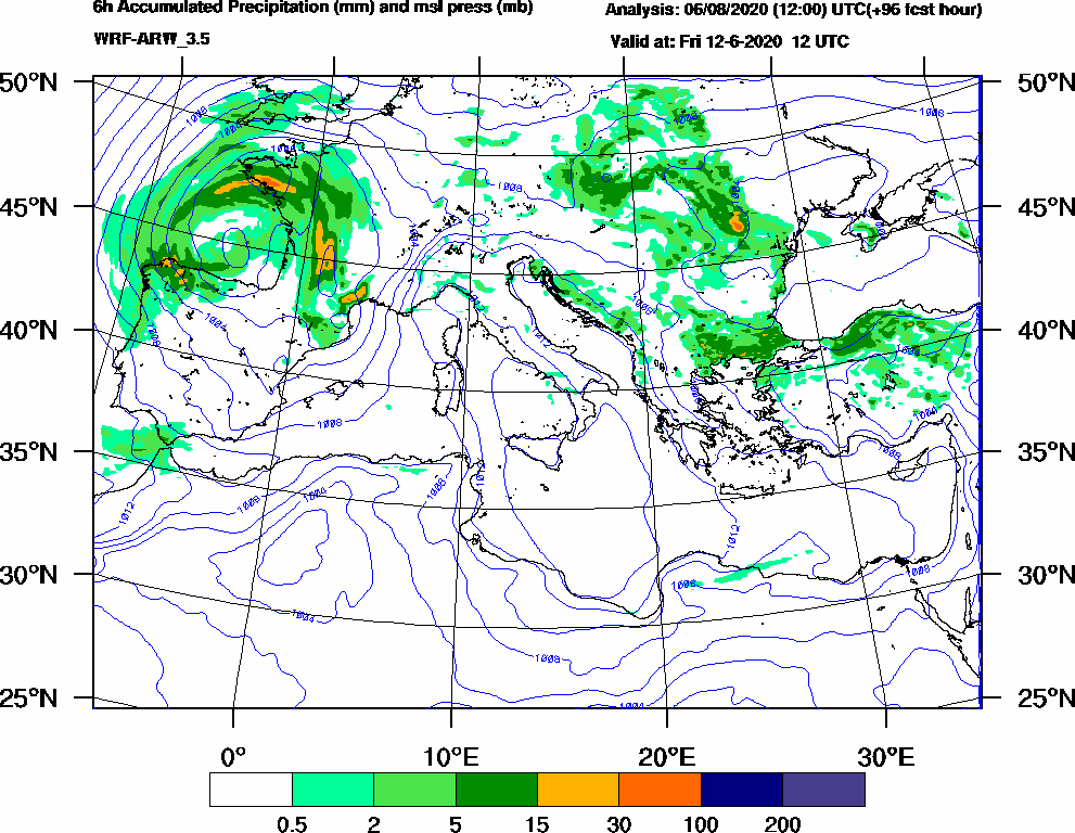 6h Accumulated Precipitation (mm) and msl press (mb) - 2020-06-12 06:00