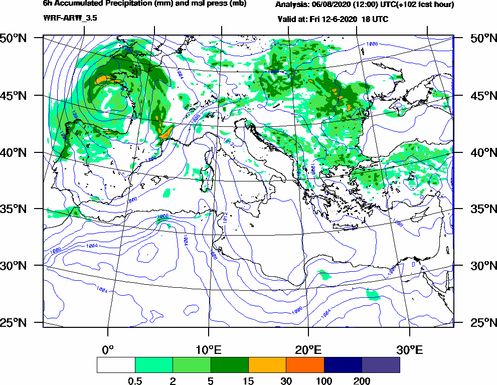 6h Accumulated Precipitation (mm) and msl press (mb) - 2020-06-12 12:00