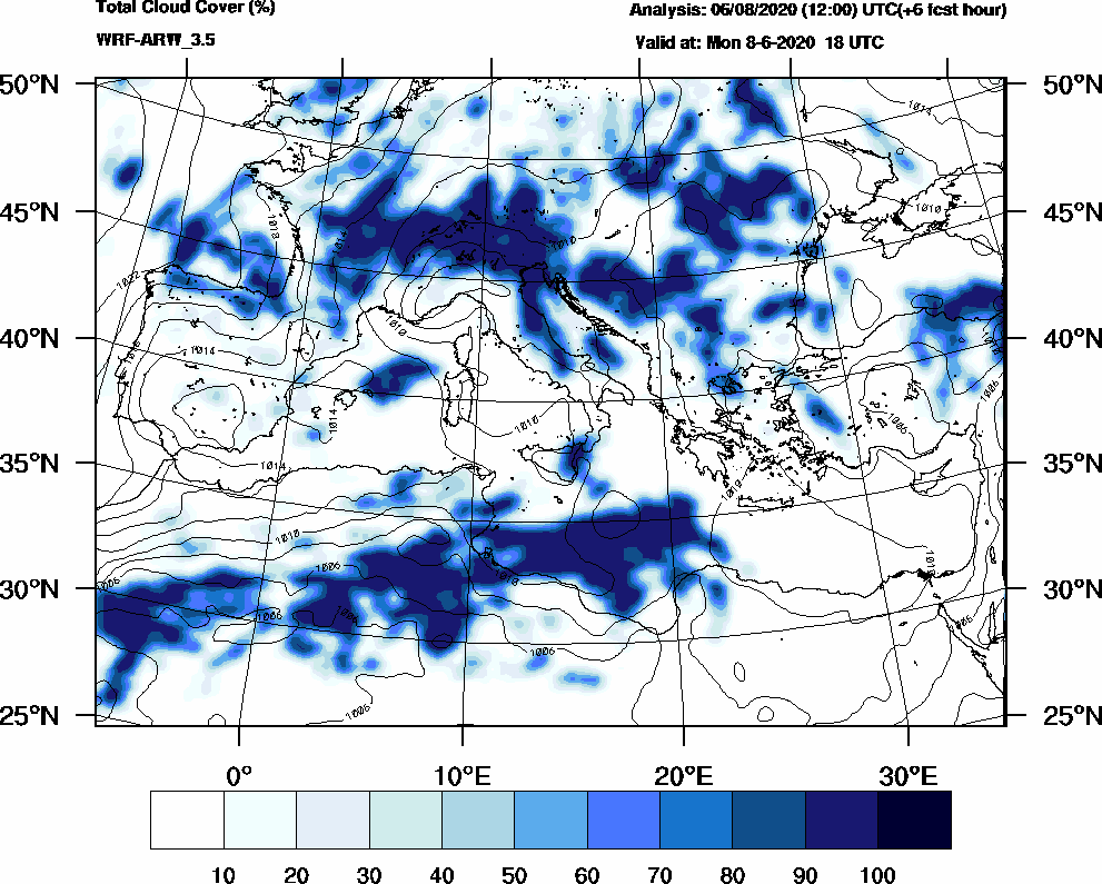 Total cloud cover (%) - 2020-06-08 12:00