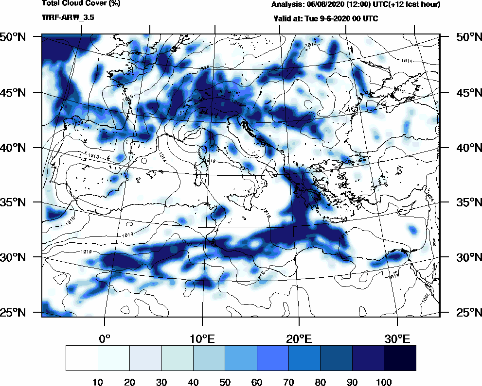 Total cloud cover (%) - 2020-06-08 18:00