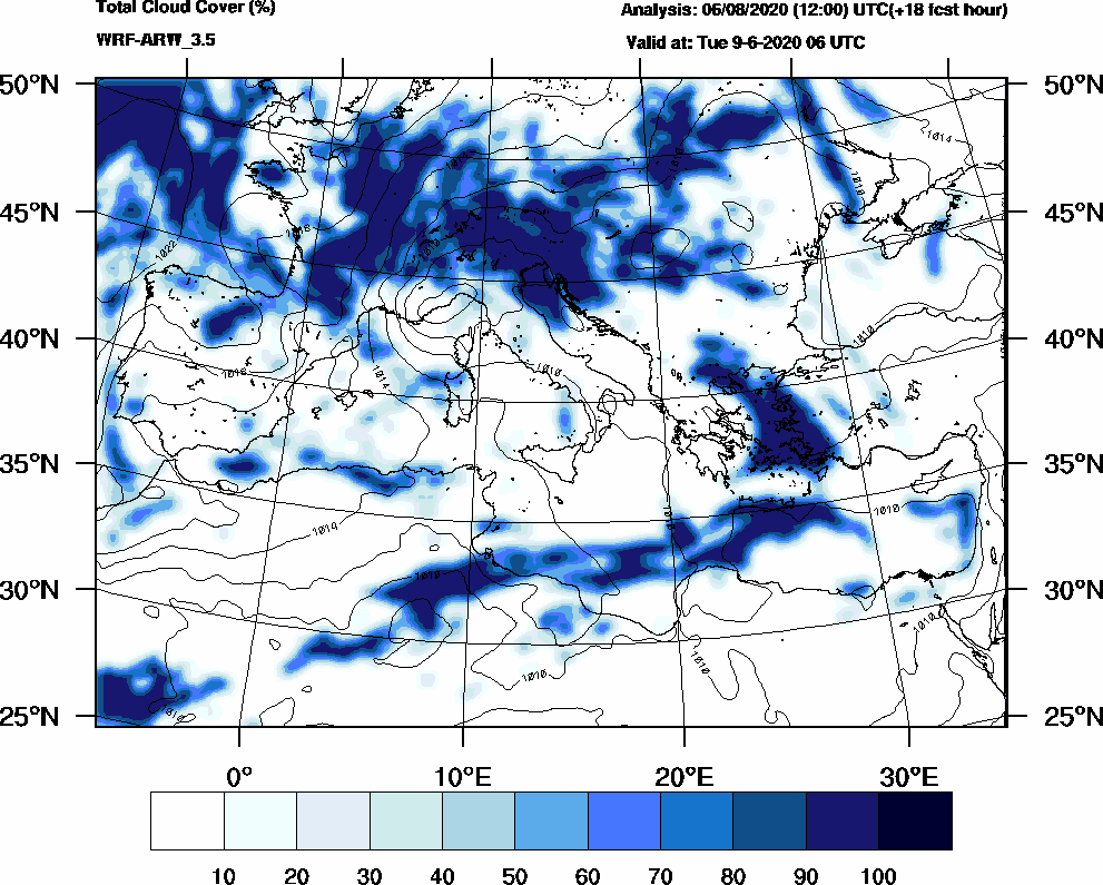 Total cloud cover (%) - 2020-06-09 00:00