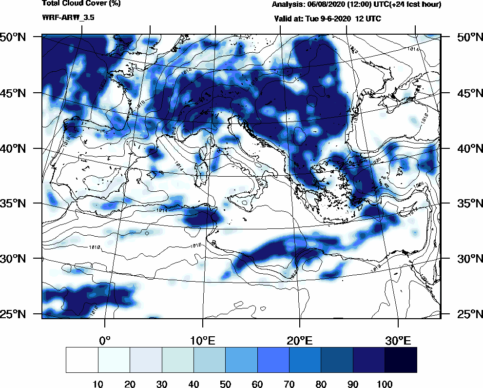 Total cloud cover (%) - 2020-06-09 06:00