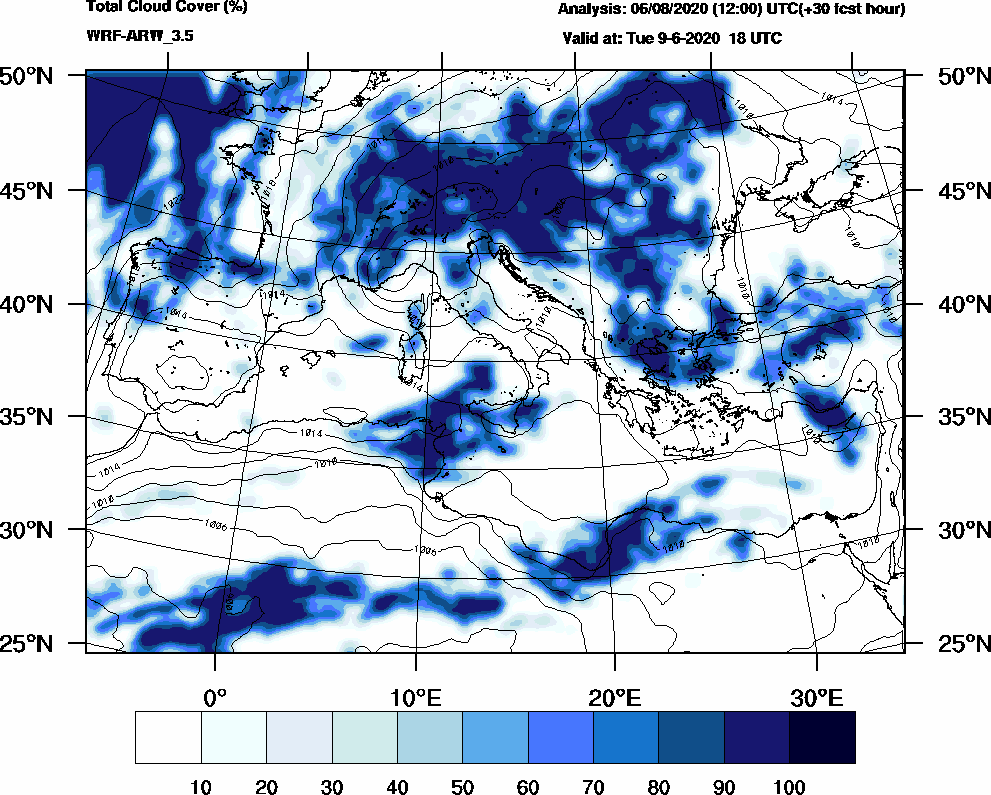 Total cloud cover (%) - 2020-06-09 12:00