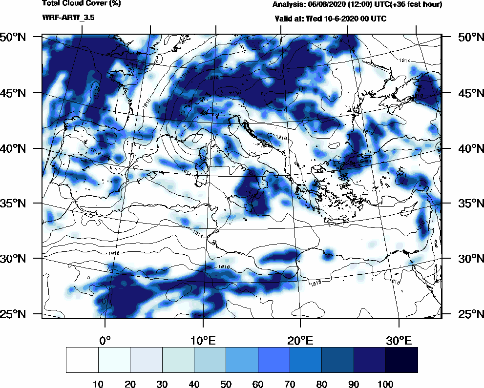 Total cloud cover (%) - 2020-06-09 18:00