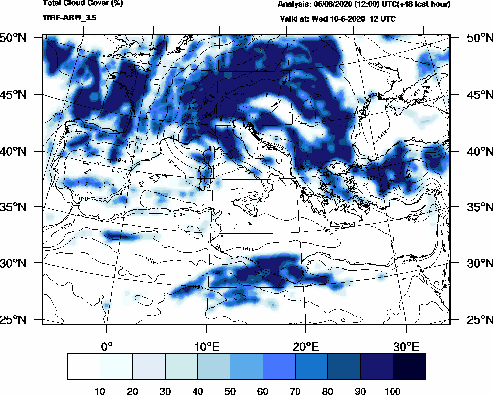 Total cloud cover (%) - 2020-06-10 06:00