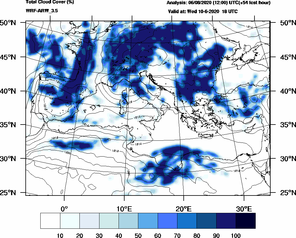 Total cloud cover (%) - 2020-06-10 12:00