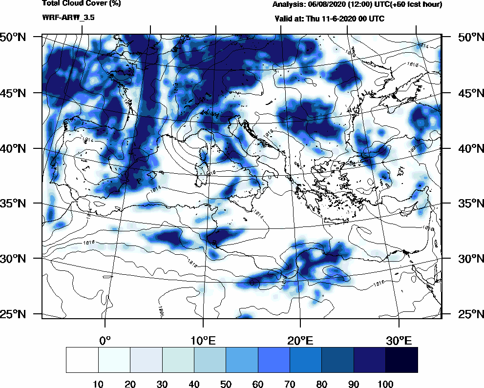 Total cloud cover (%) - 2020-06-10 18:00