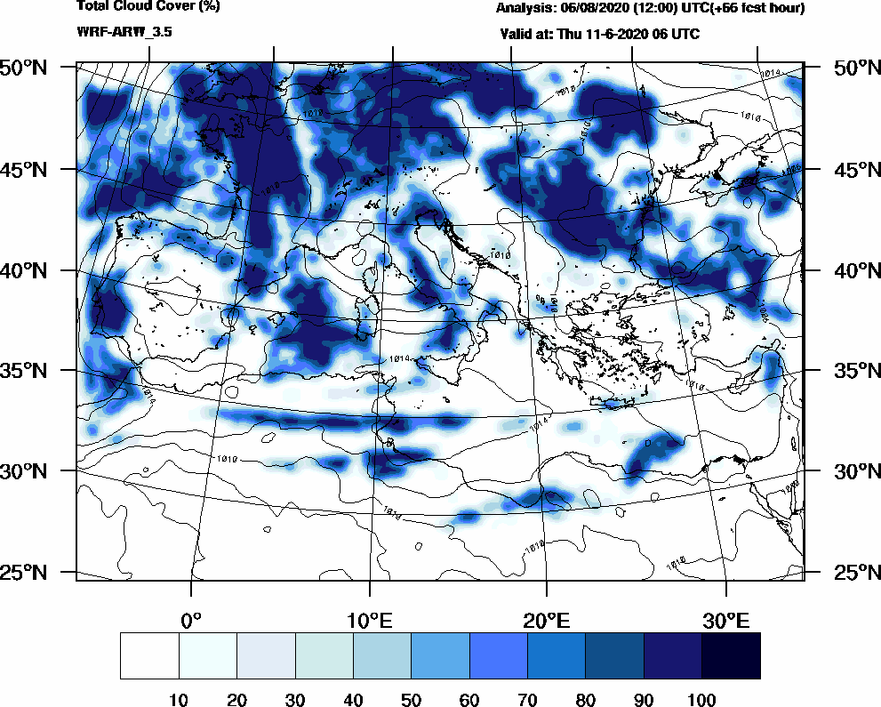 Total cloud cover (%) - 2020-06-11 00:00