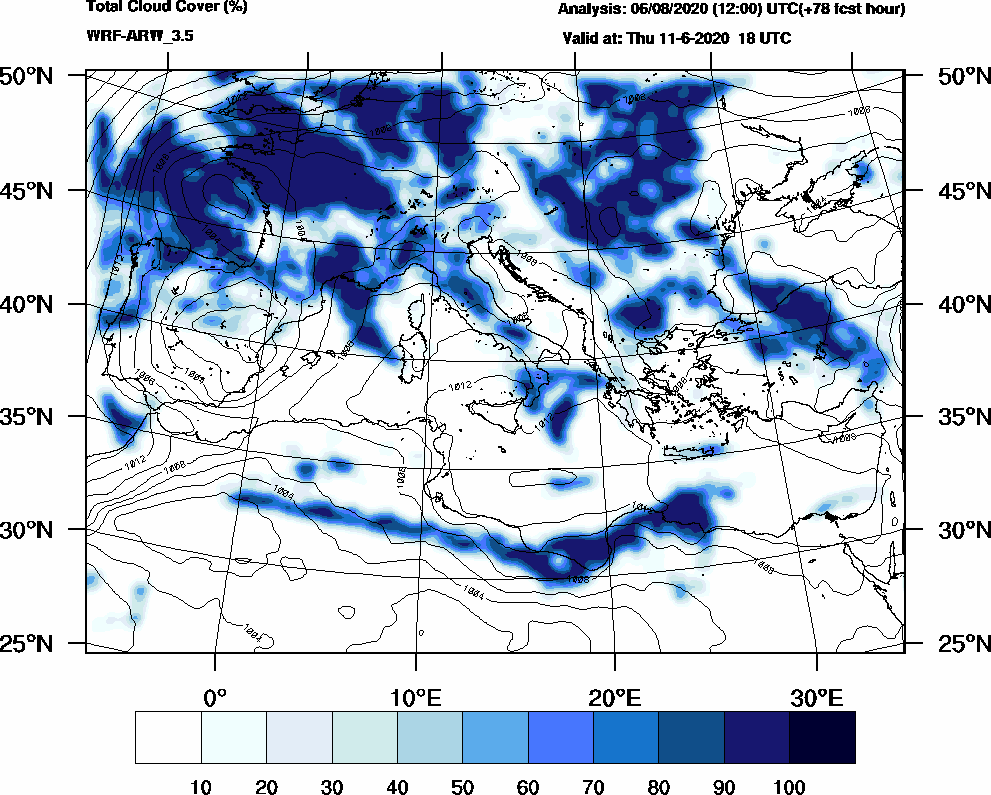 Total cloud cover (%) - 2020-06-11 12:00