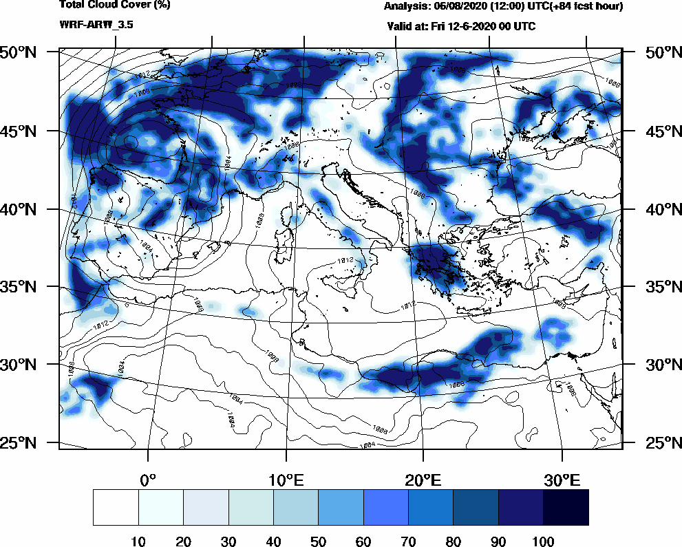 Total cloud cover (%) - 2020-06-11 18:00