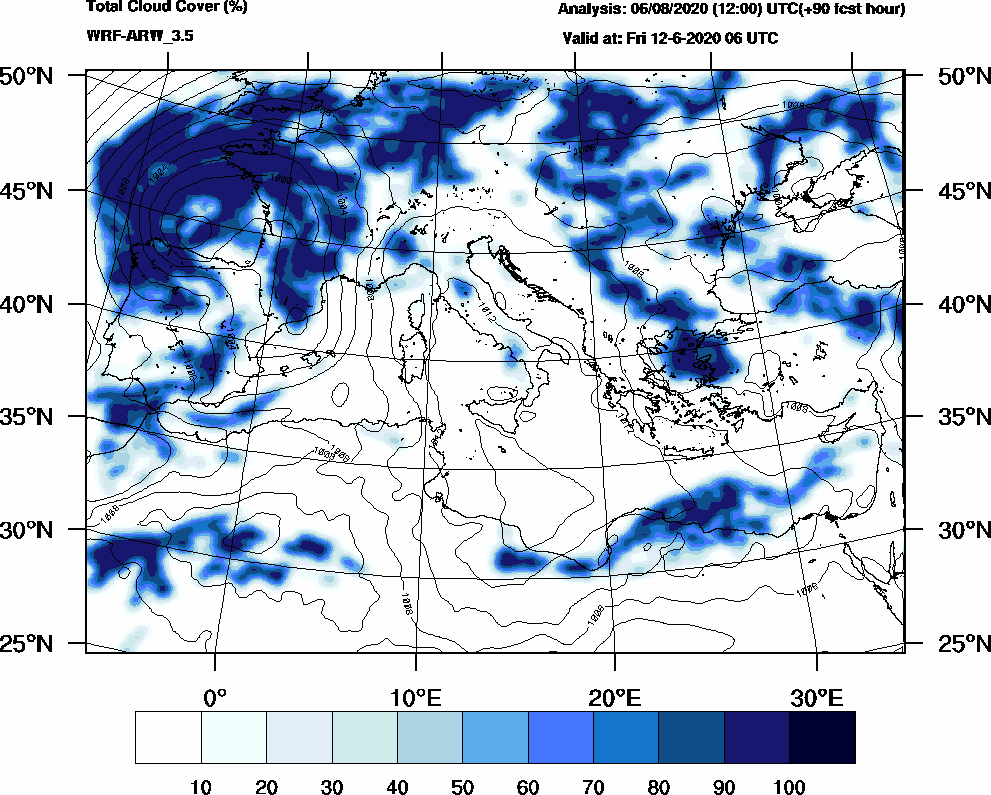 Total cloud cover (%) - 2020-06-12 00:00