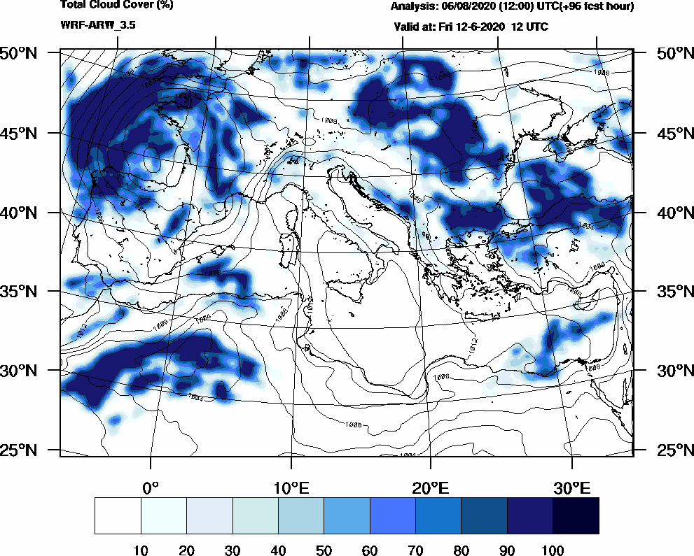 Total cloud cover (%) - 2020-06-12 06:00