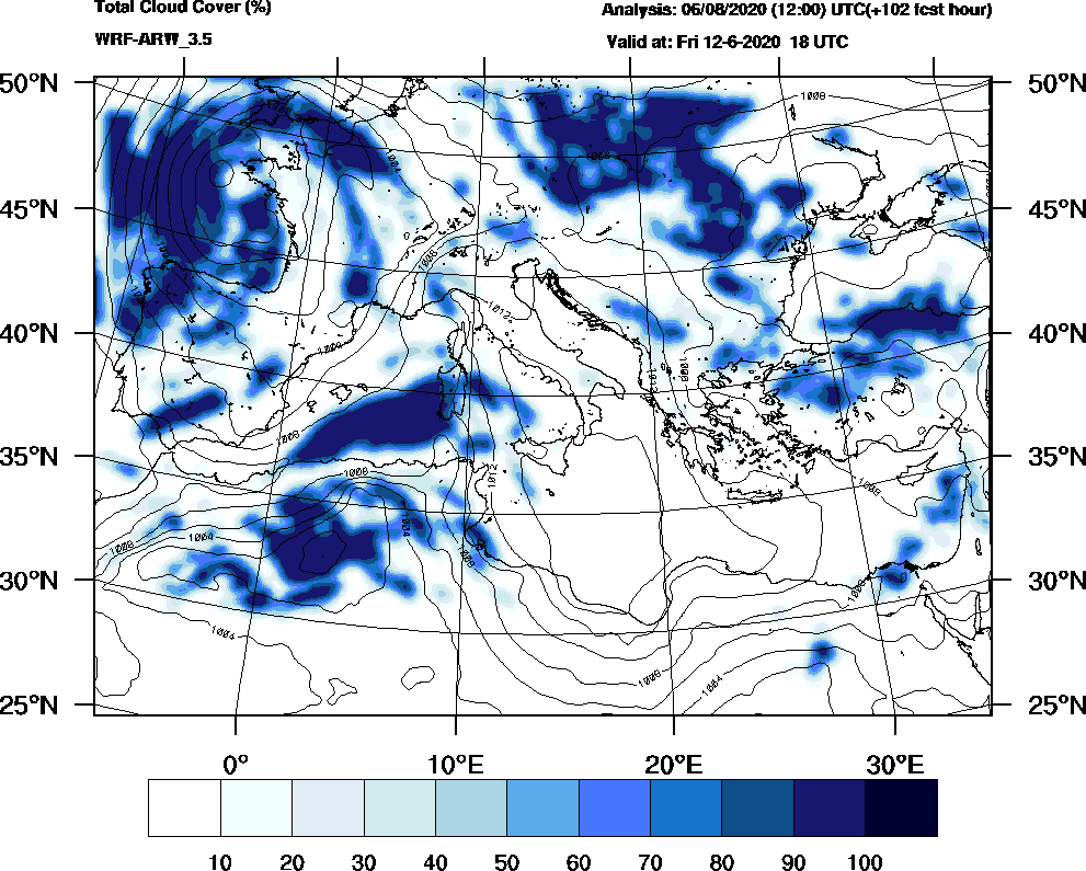 Total cloud cover (%) - 2020-06-12 12:00