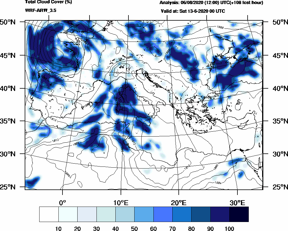 Total cloud cover (%) - 2020-06-12 18:00